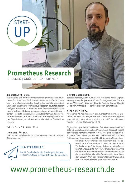 Start-up-Porträt von Prometheus Research in der ihk.wirtschaft 9/2026, Seite 27